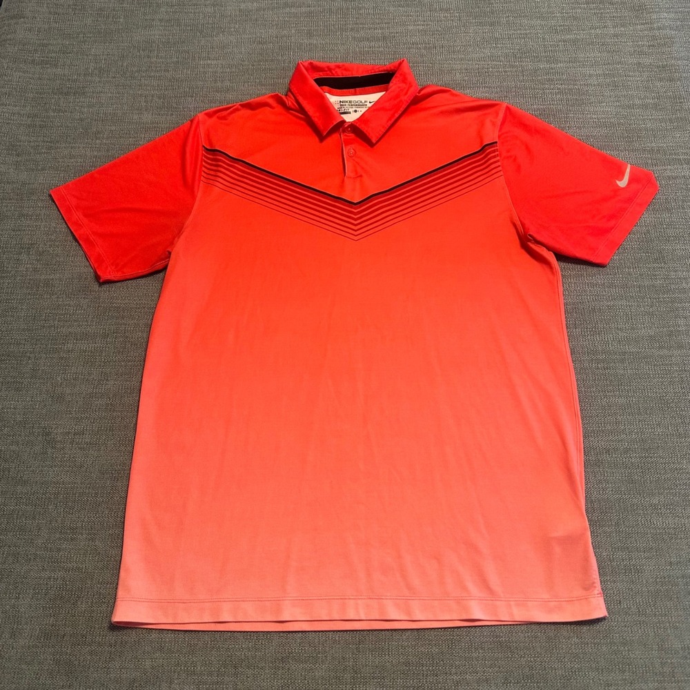 Nike Golf Polo Shirt Mens Medium Red Ombre Chevron Dri-FIT Short Sleeve Top